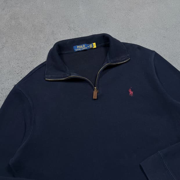 폴로 QR 네이비 반집업 니트