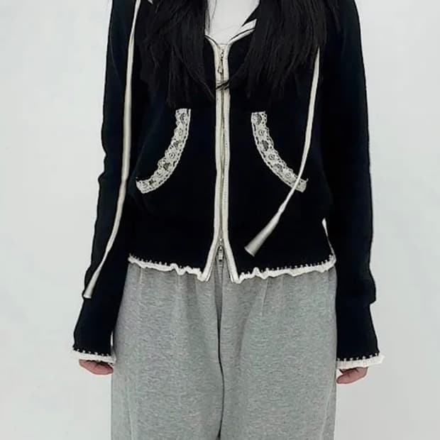 에이블리 레이스 니트후드집업