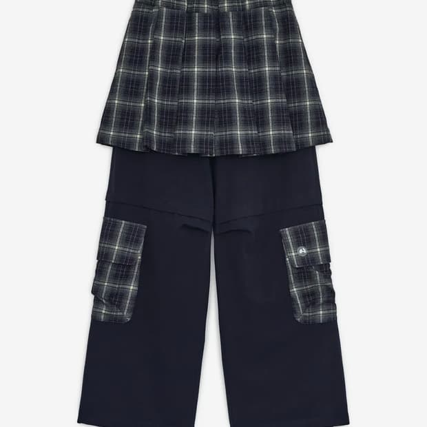 허그유어스킨 체크 스커트 레이어드 카고 팬츠 (블랙)