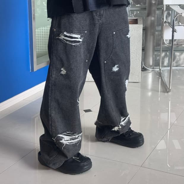 Double Knee Denim Wide Pants