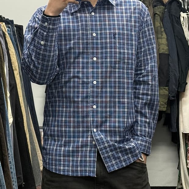 입생로랑 블루 파랑 하늘색 네이비 남색 체크 셔츠 100 L 명품 빈티지