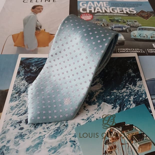 루이까또즈 실크 스카이블루 도트 패턴 넥타이 8cm A+등급 A19315