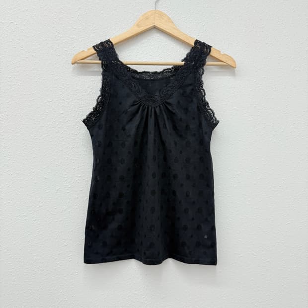빈티지 블랙 레이스 도트 시스루 슬리브리스