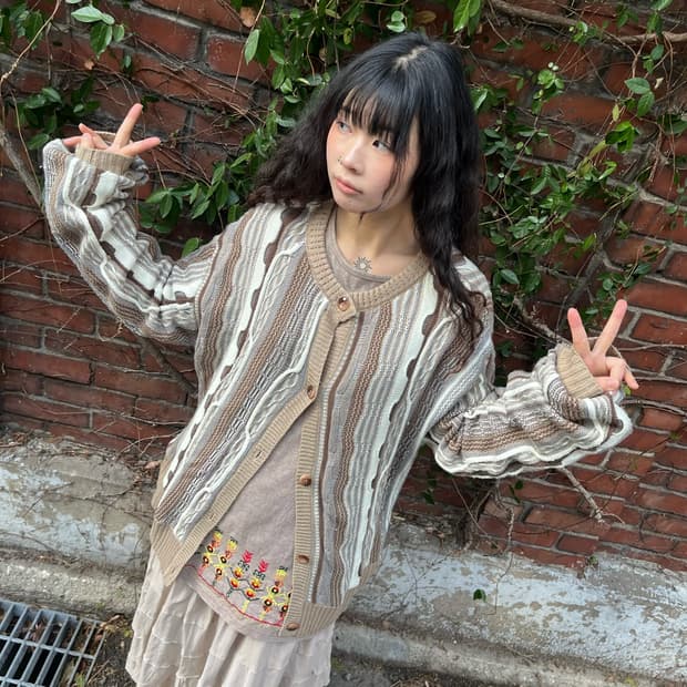 베이지 브라운 케이블 카디건