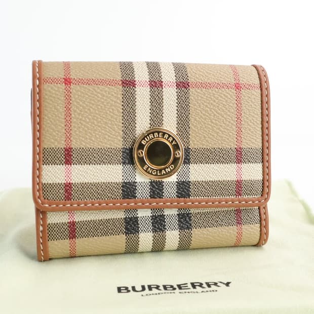 버버리 체크 레더 스몰 폴딩 미니 지갑 베이지