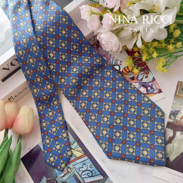니나리치 실크 블루 모자이크 패턴 넥타이 10.2cm A+등급 K1302