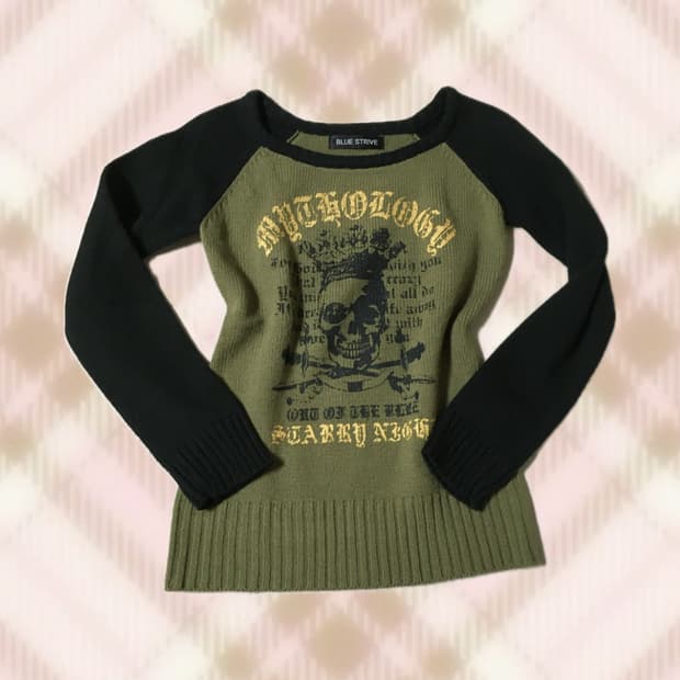 카키 블랙 해골 나그랑 긴팔 니트 오네 갸루 와투케 펑크 빈티지