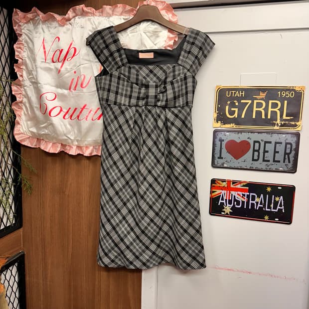Black Gray Plaid Check Ribbon Dress 