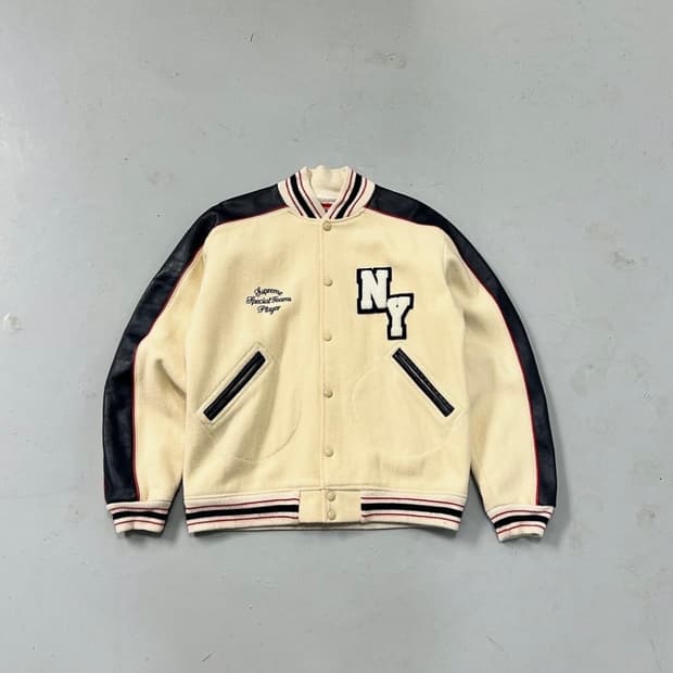 2003FW 슈프림 레더 울 바시티 자켓