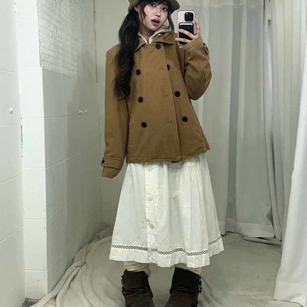 베이지 도트 피코트 하구미 코디세트