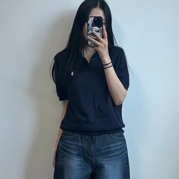 폴로 랄프로렌 자수로고 네이비 반팔 카라 니트