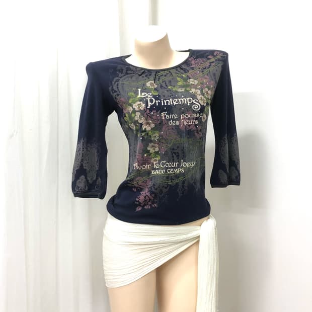 navy fairy printing elbow length top
