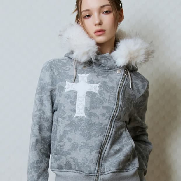 러브이즈트루 언발란스 퍼 후드집업 그레이