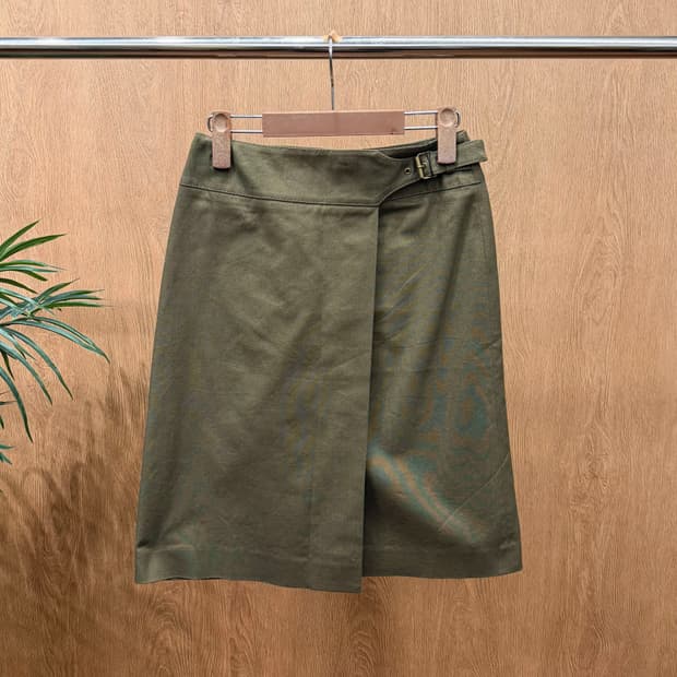 브룩스 브라더스 코튼 미디 스커트 트임 허리 벨트 디테일 카키 브라운