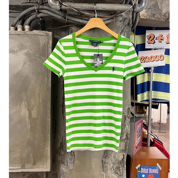 폴로 랄프로렌 브이넥 스트라이프 반팔티 그린 M #csz3836