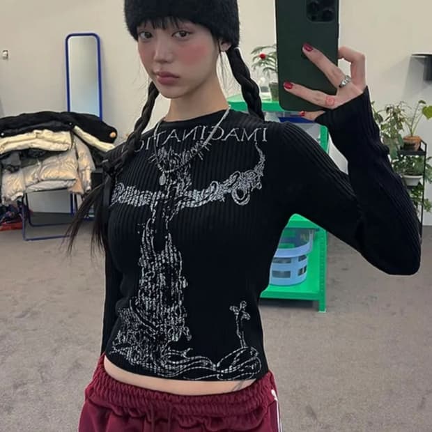 빈티지 고딕 펑크 프린팅 골지 롱슬리브 y2k