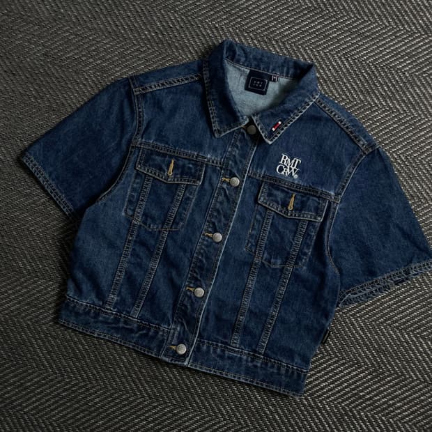 로맨틱 크라운 자수로고 워싱 데님 크롭 반팔 트러커 자켓 y 4672