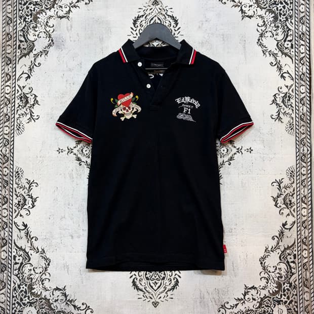에드하디 Ed Hardy 스컬 자수 레터링 카라 숏슬리브