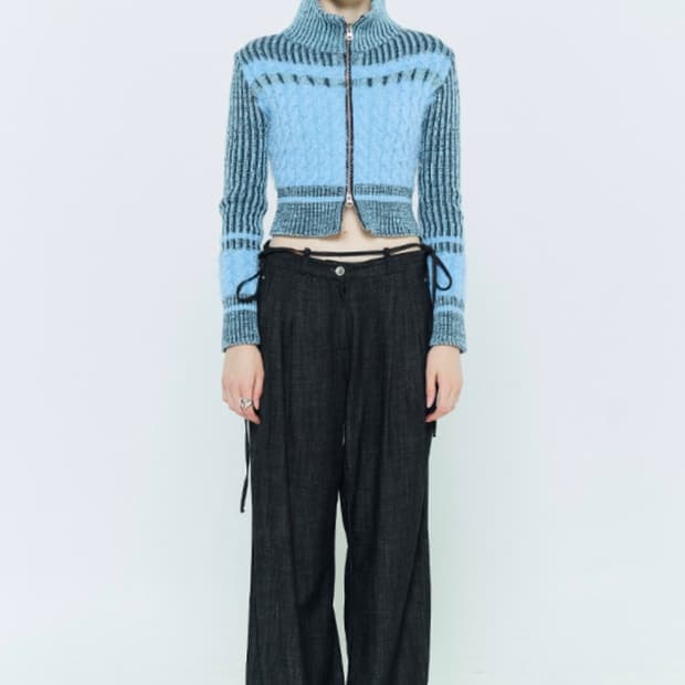 카리나 착용 라티젠 컬러블록 니트집업