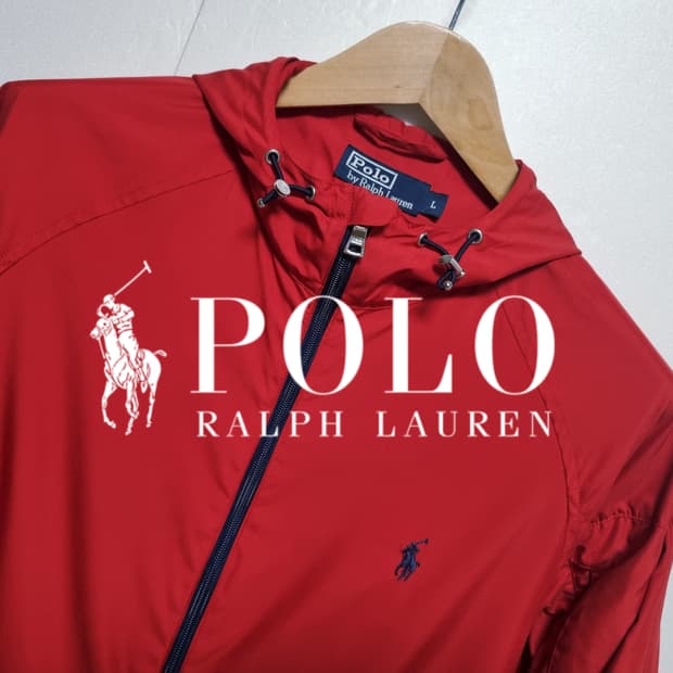 남성 두산 폴로 POLO 랄프로렌 레드 나일론 후드 바람막이 자켓