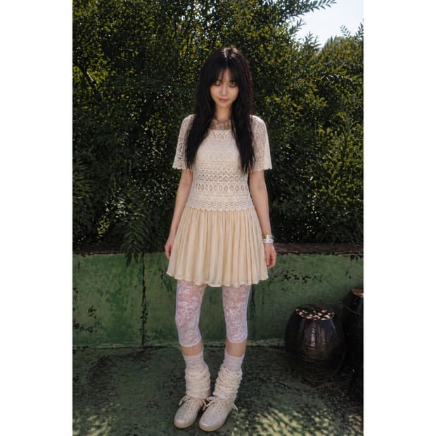 레이스 자수 노랑 원피스