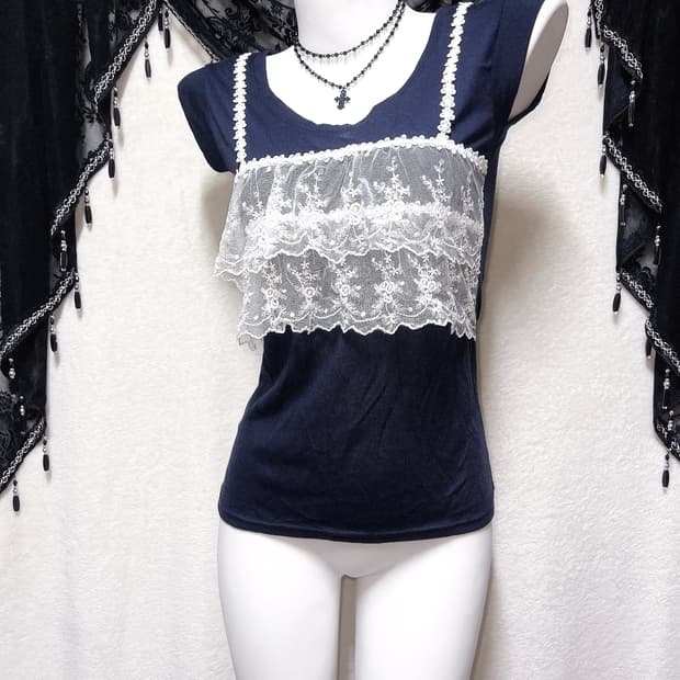 로맨틱갸루 고딕 고스로리 프릴 레이스 로걀탑 나시 슬리브리스 페어리 핀터