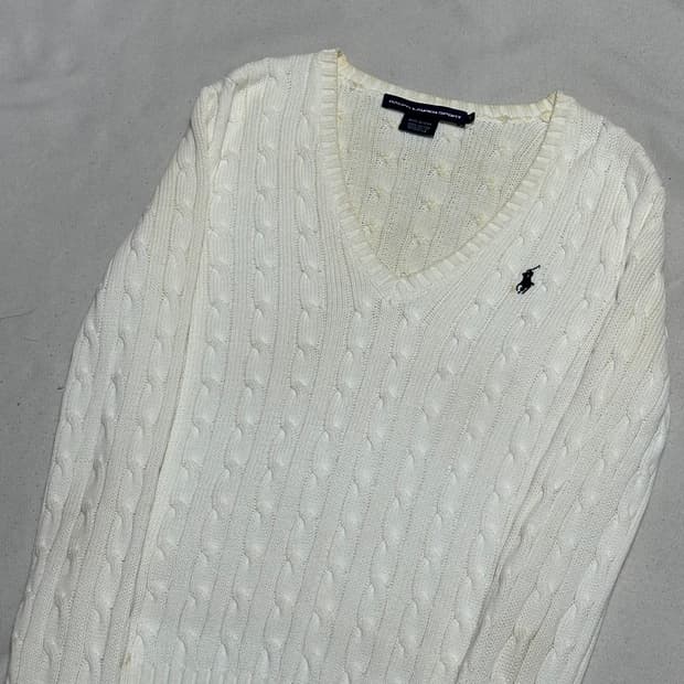 S 폴로랄프로렌 여성용 케이블 브이넥 화이트 니트