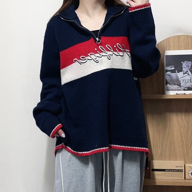 [정품] 타미 네이비 니트 반집업 [ XL ]