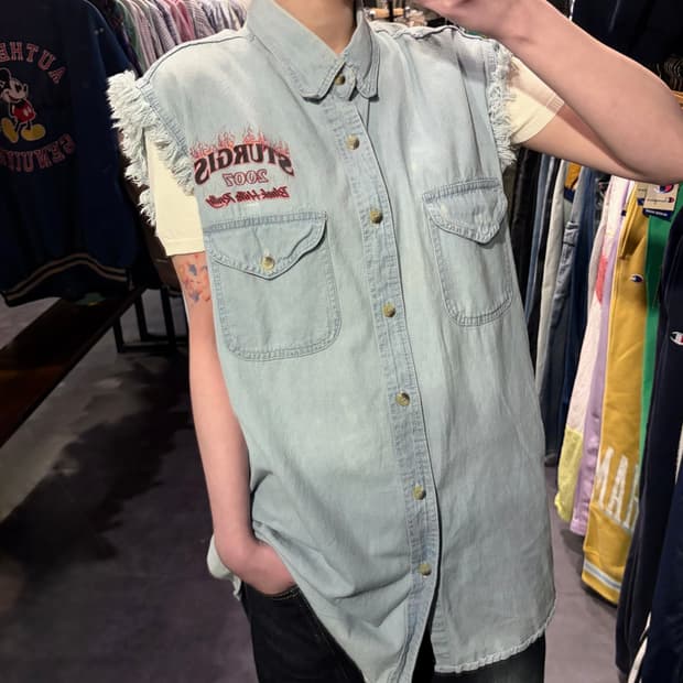 [IM]vtg 바이커 프린팅 컷오프 데님 베스트 연청