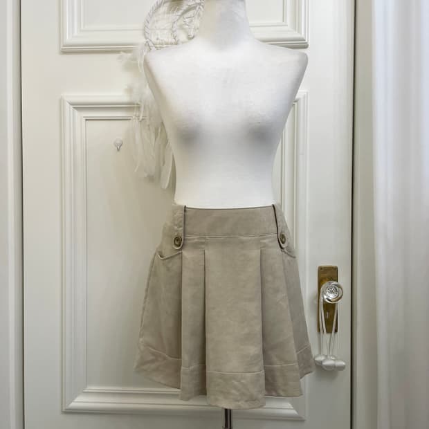 beige velour button point pleats mini sk