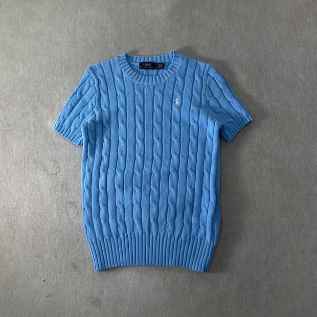 W 95 폴로랄프로렌 스카이블루 스몰포니 꽈배기 반팔 니트