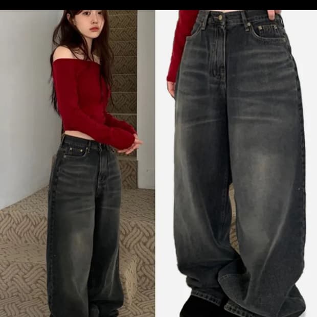 OOTJ 버킷 빈티지 워싱 와이드 데님 롱팬츠