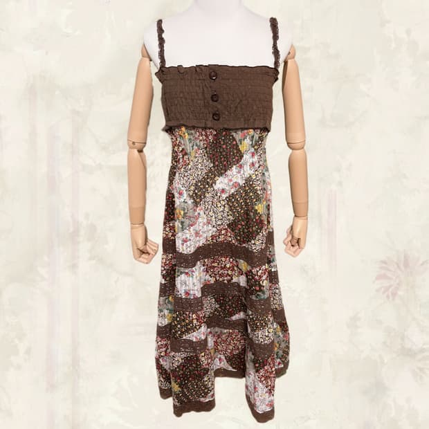 (이체시에눌) 일본 모리걸 패치워크 포인트 캉캉 레이스 브라운 원피스