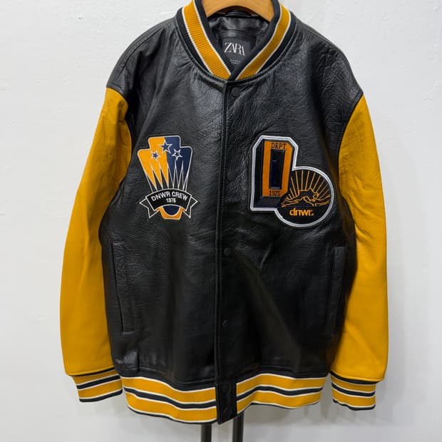 정품) 자라 블랙 레더 배색 스타디움 천연소가죽 자켓 M