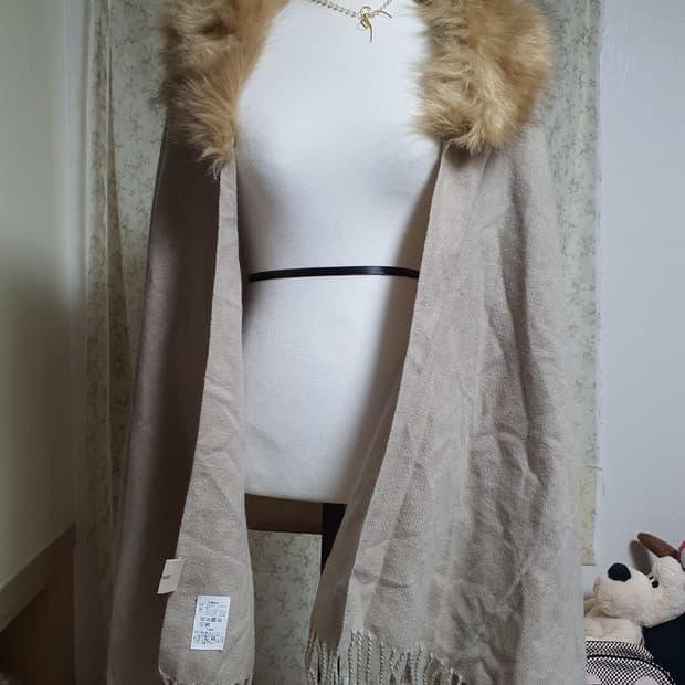 [빈티지] 달천깔 퍼 트리밍 베이지 망토 숄 케이프