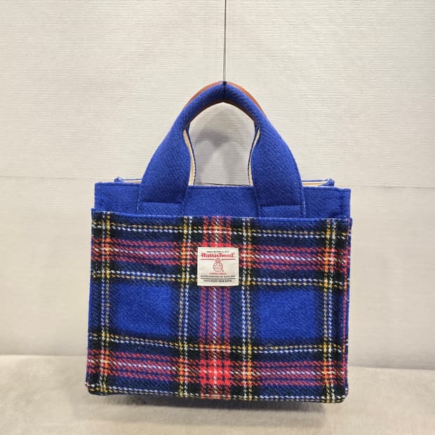 해리스 트위드+오쏘몰 블루 체크 타탄 울 토트백