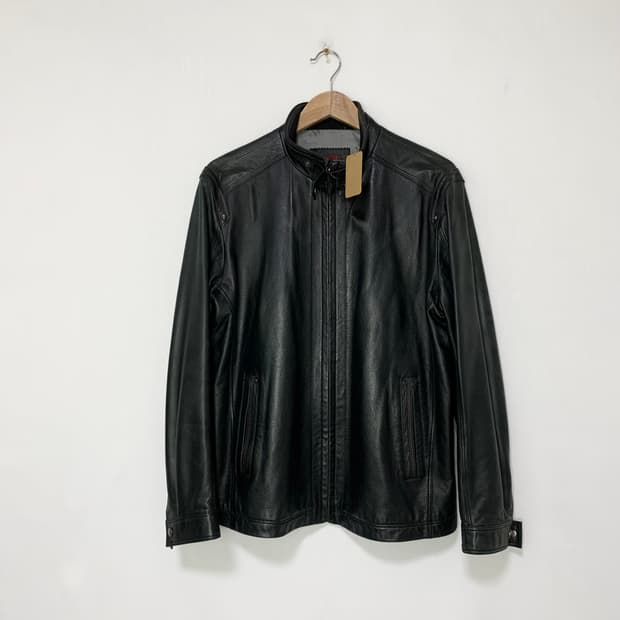 빈티지 심플 블랙 리얼레더 노카라 벨티드넥 라이더 양가죽 자켓 100