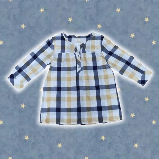 빈티지 모리걸 하구미 체크 블라우스 롱슬리브 레이어드 블루 옐로우