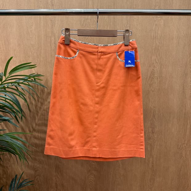 버버리 블루라벨 미디 스커트 허리 안감 포켓 라인 노바체크 배색 오렌지