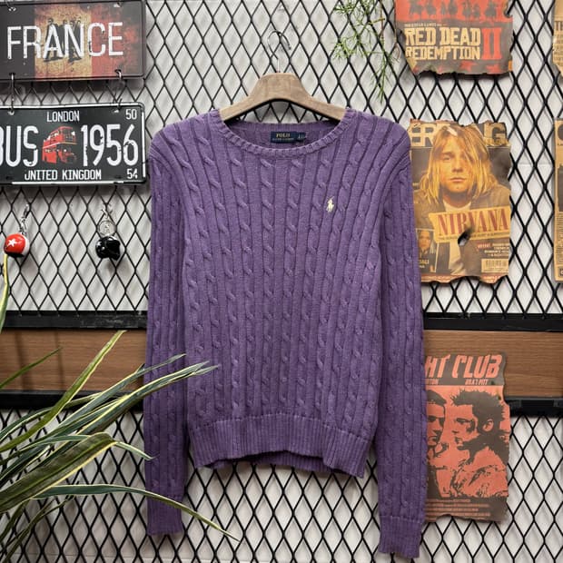 폴로 랄프로렌 케이블 니트 화이트 포니 포인트 퍼플