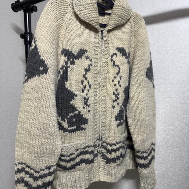 빈티지 고래 패턴 헤비 울 코위찬 가디건