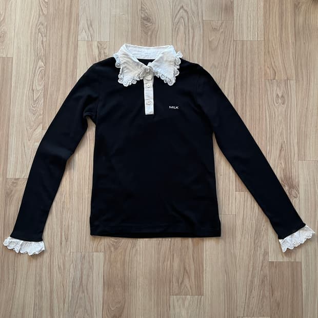 일본 MILK 레이스 카라 블랙 티셔츠 로리타 헤이세이 레트로