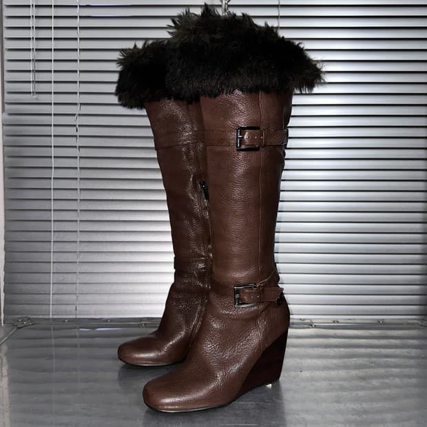 00s 마이클 코어스 웨지 퍼 & 가죽 롱부츠