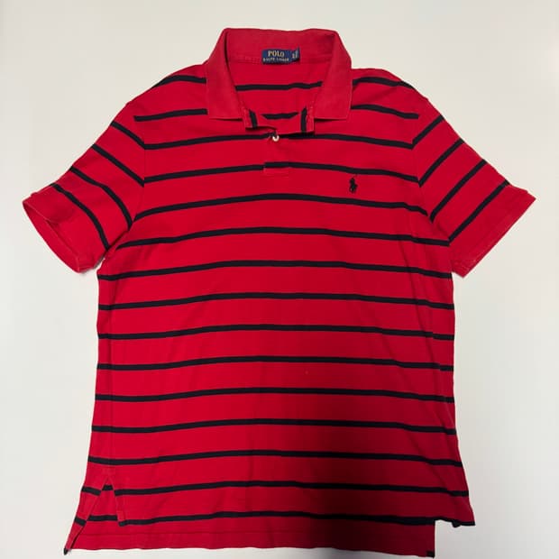 폴로 랄프로렌 신형 라벨 스트라이프 반팔 카라티 XL 레드