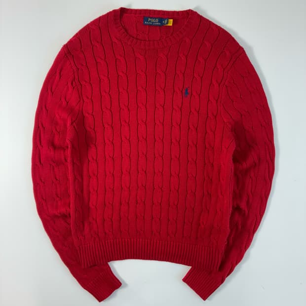Polo  폴로 랄프로렌 신형 자수 코튼 레드 꽈배기 니트 