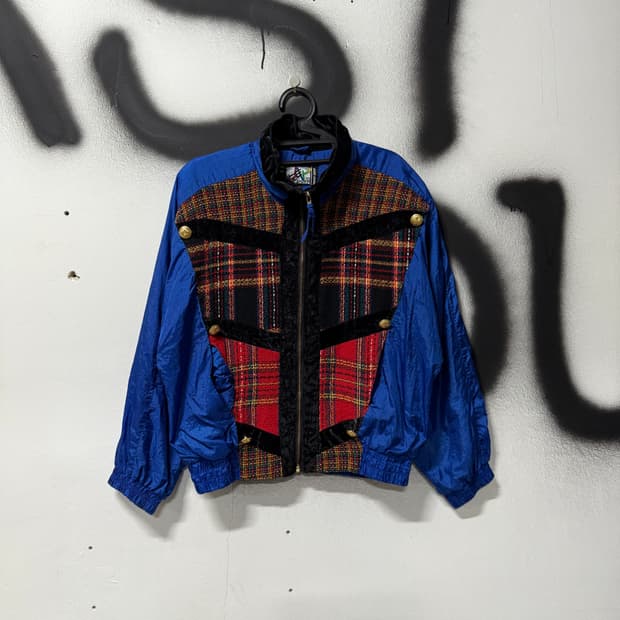 VTG 빈티지 올드스쿨 나일론 벨벳 트위드 디테일 크롭 블루종 자켓