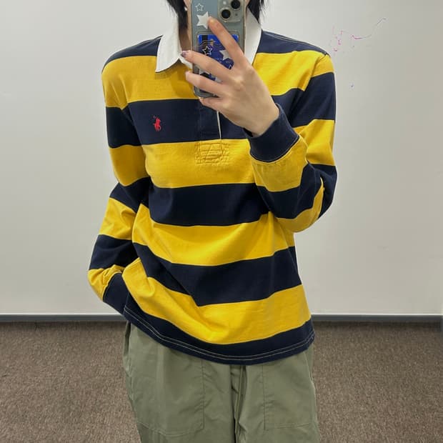 Polo 폴로 네이비 옐로우 스트라이프 카라티