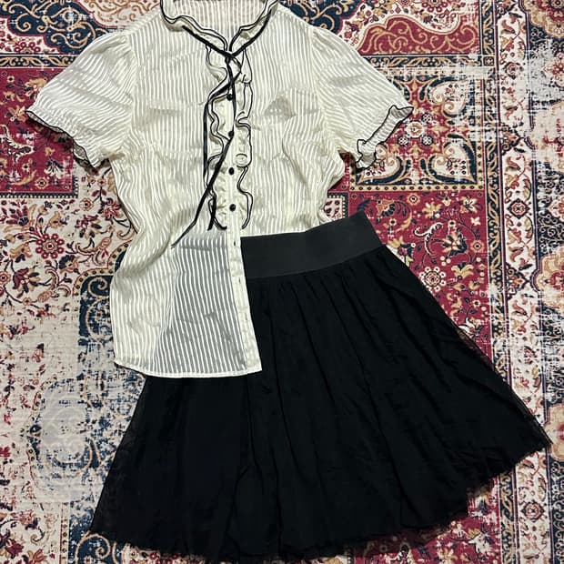 니혼진 홍콩 시스루 블라우스 샤 스커트 코디