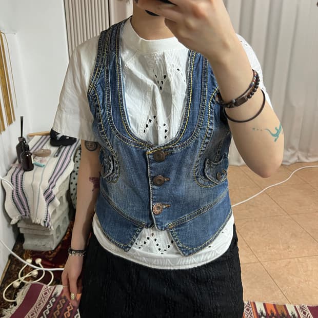 빈티지 여성 3버튼 데님 베스트 자켓 