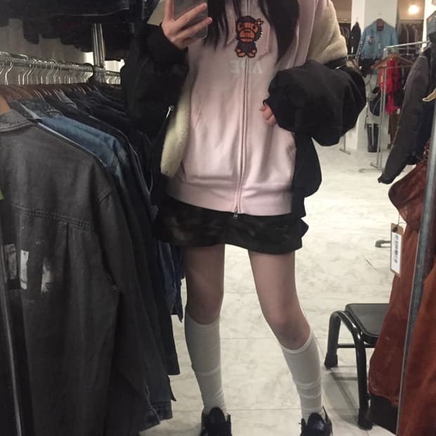 베이프 딸기우유 핑크 베이비 리사 크리스탈 스톤 큐빅 컬러지 후드집업